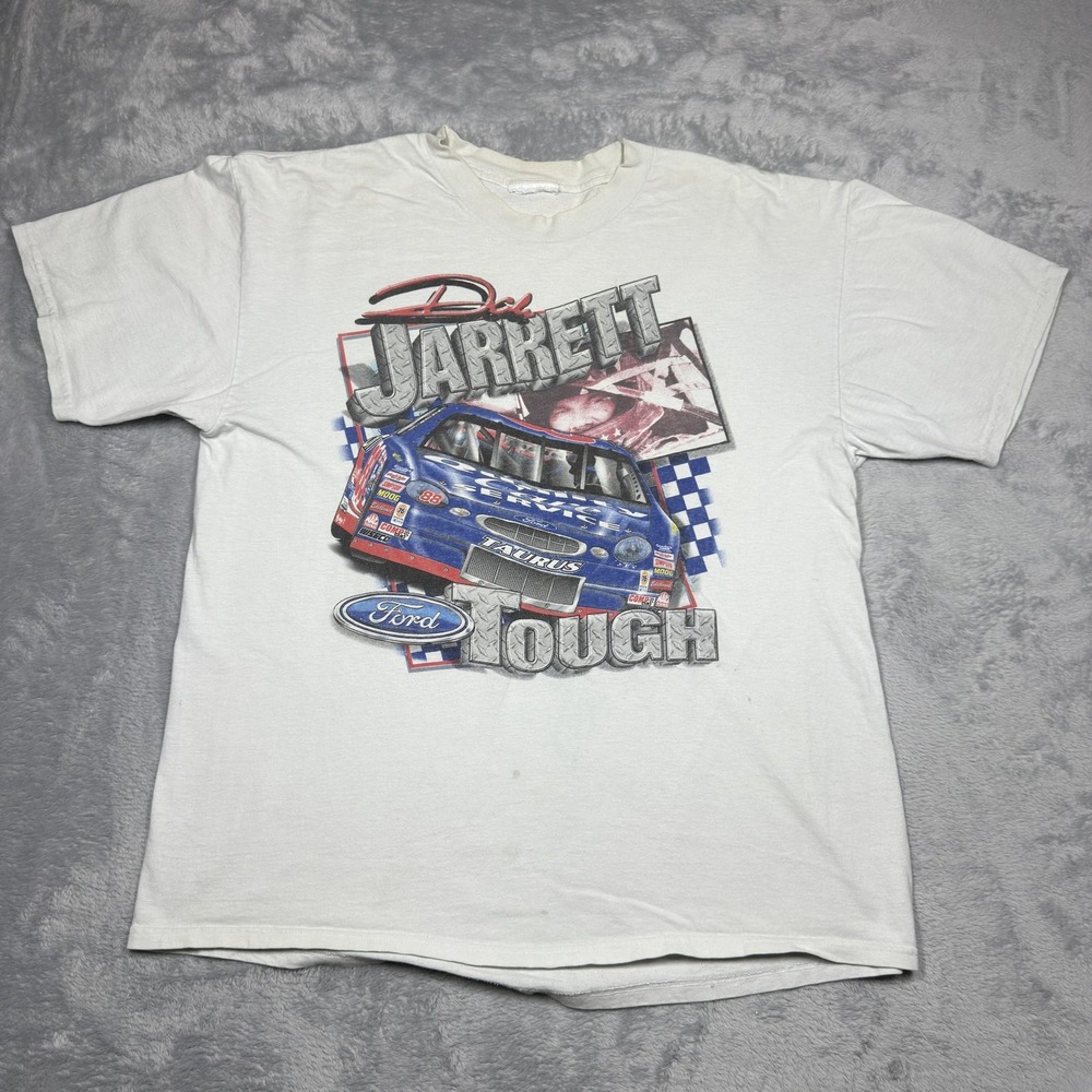 Vintage Dale Jarrett Shirt Mens Large White NASCAR Ford Tough Racing 90s Faded